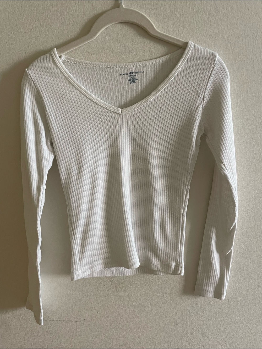 Brandy Melville Ribbed V-Neck Long Sleeve Top - White